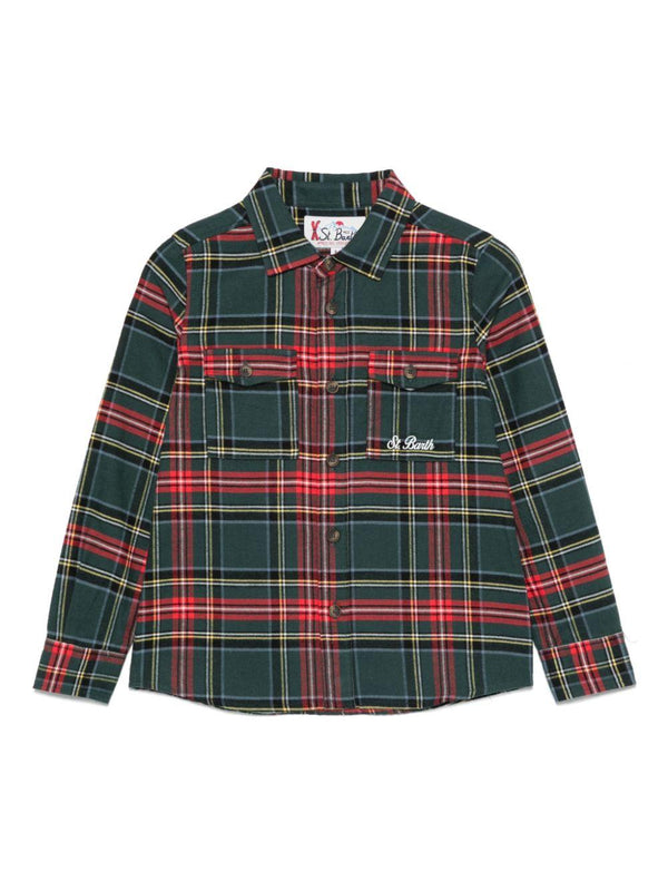 Camicia Ski Snoopy tartan per bambino MC2 Saint Barth Kids verde con motivo a quadri – Accessorio premium elegante