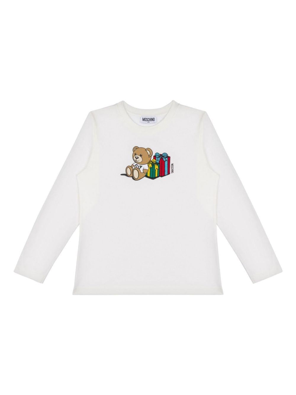 T-shirt per bambina Moschino Kids bianco con stampa grafica Teddy Bear sul davanti – Accessorio premium elegante