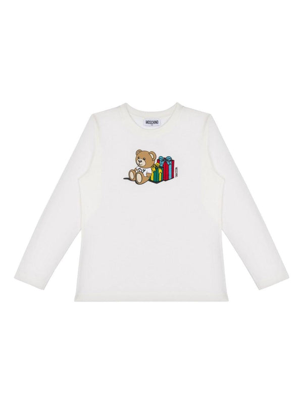 T-shirt per bambina Moschino Kids bianco con stampa grafica Teddy Bear sul davanti – Accessorio premium elegante
