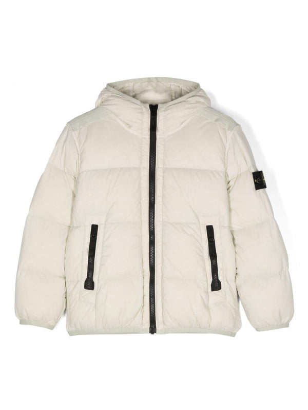 Giacca imbottita con distintivo della bussola per bambino Stone Island Junior beige con cappuccio classico – Accessorio premium elegante