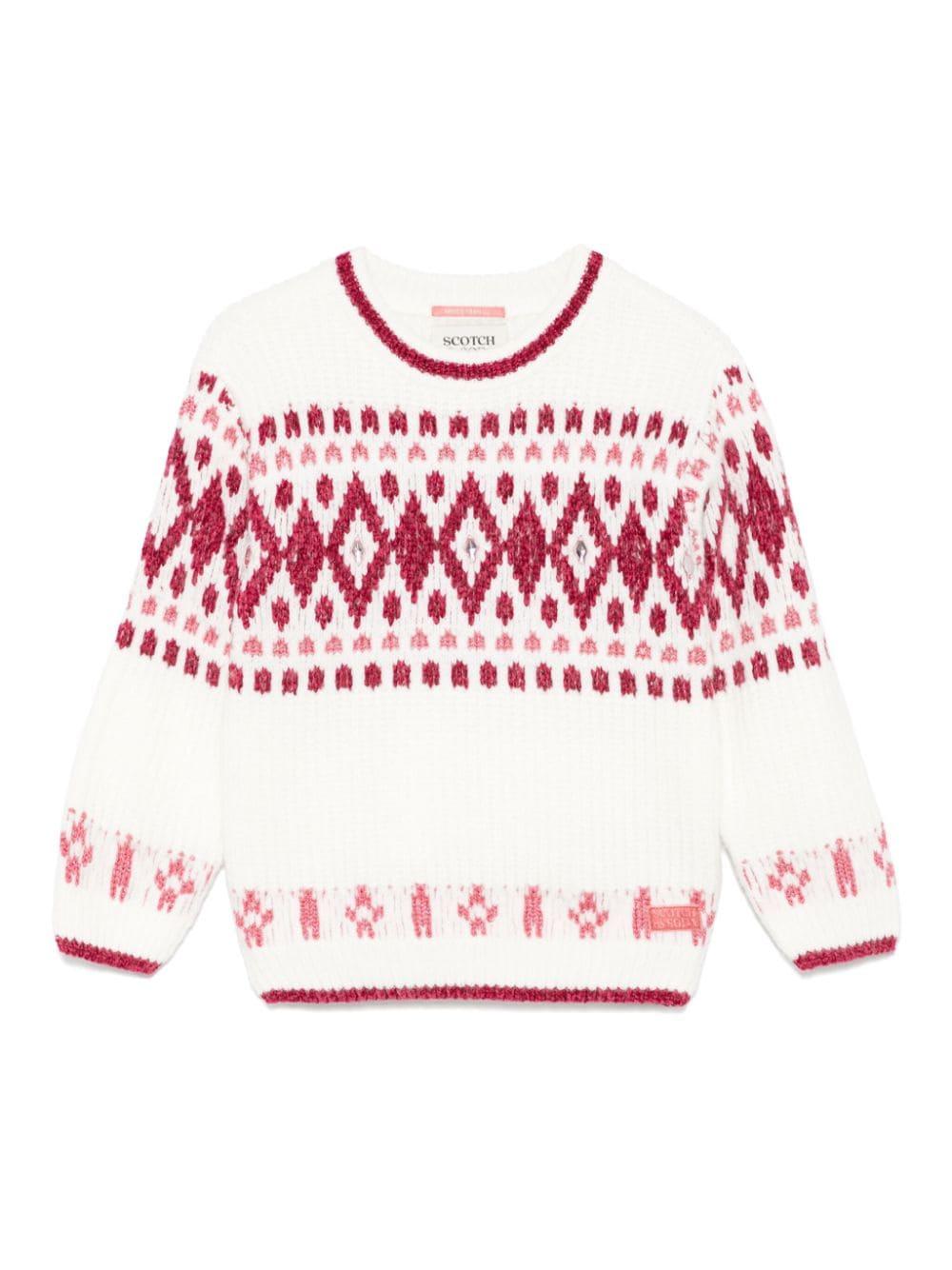 Maglione per bambina Scotch e soda fair isle bianco con decorazioni in cristallo – Accessorio premium elegante