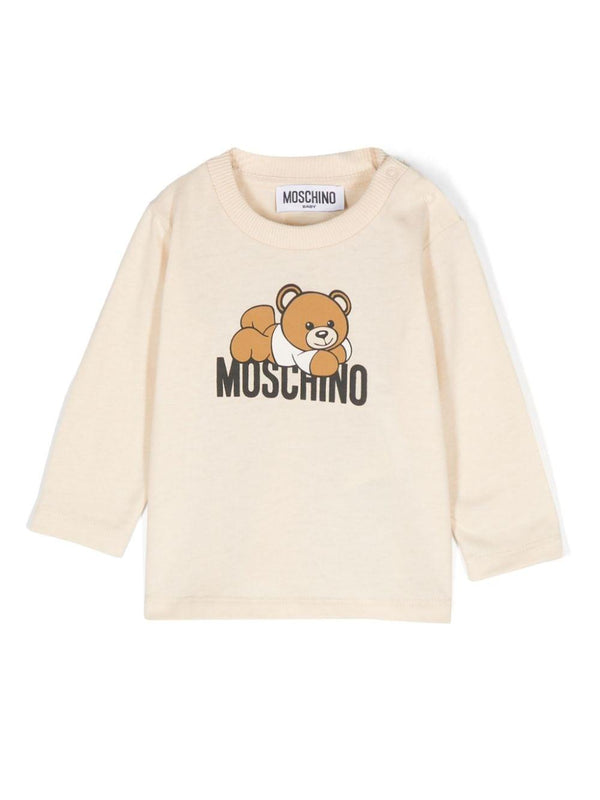 T-shirt per neonati Moschino Kids beige a maniche lunghe con stampa logo – Accessorio premium elegante