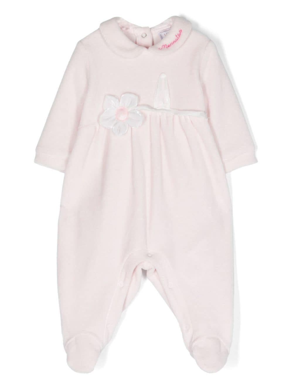 Pigiama con applicazione a fiori per neonata Monnalisa rosa con colletto Peter Pan – Accessorio premium elegante