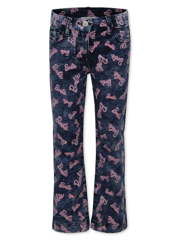 Jeans svasati per bambina Monnalisa x Barbie in denim con stampa all-over – Accessorio premium elegante