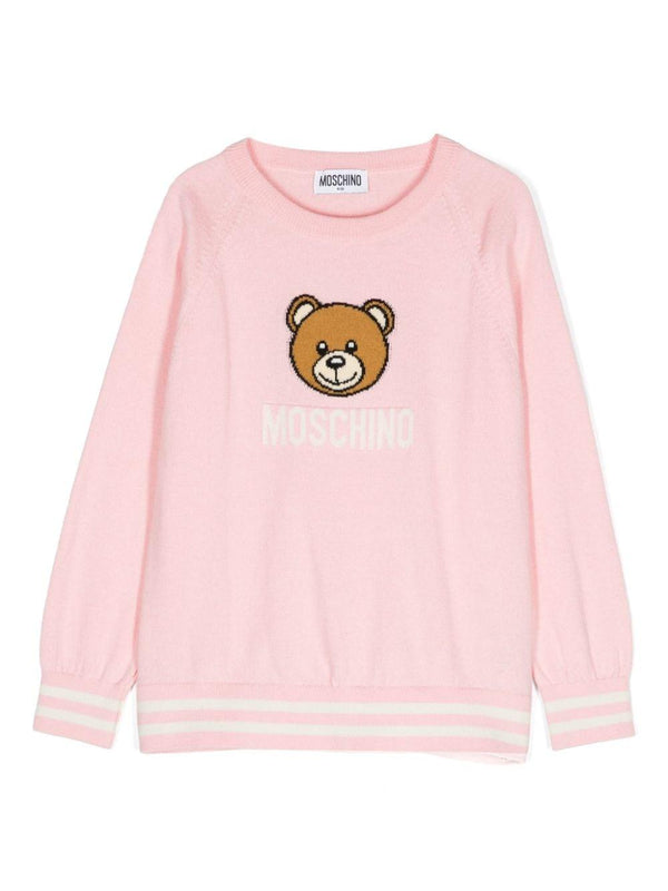Maglione per bambina Moschino Kids rosa con logo intarsiato e ricamo Teddy Bear – Accessorio premium elegante