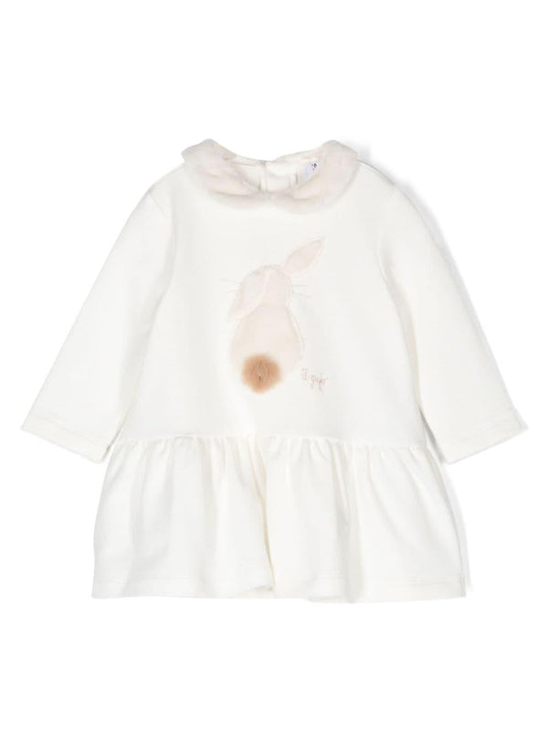 Abito con logo ricamato per bambina Il Gufo bianco con applicazione di coniglio – Accessorio premium elegante