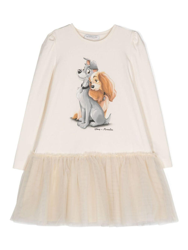 Abito svasato con stampa x Disney per bambina Monnalisa beige con interto a tulle – Accessorio premium elegante