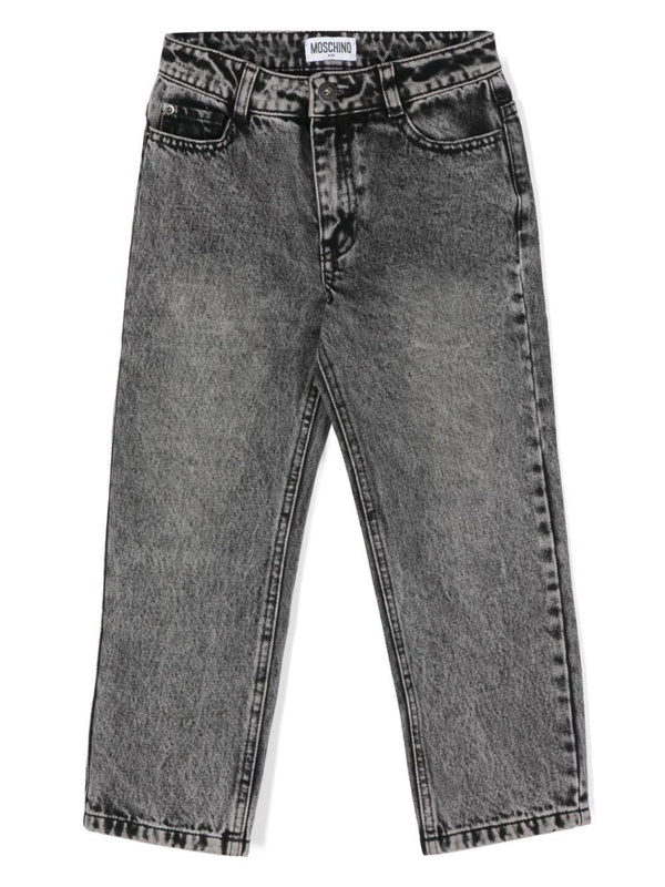Jeans per bambina Moschino Kids grigio con ricamo logo sulla tasca posteriore – Accessorio premium elegante