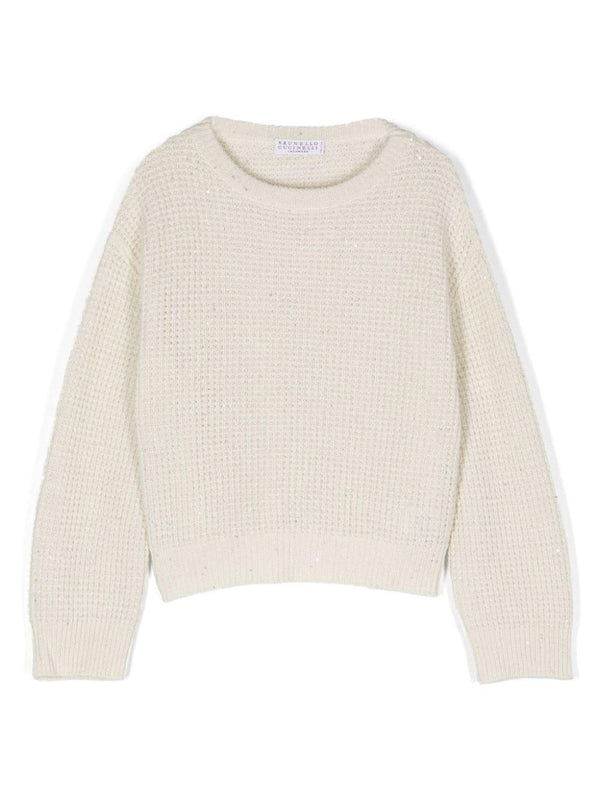 Maglione scintillante per bambina Brunello Cucinelli Kids beige con scollo rotondo – Accessorio premium elegante