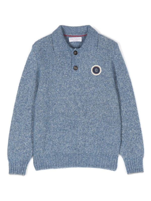 Maglione con applicazione per bambino Brunello Cucinelli Kids blu con rifinitura a coste – Accessorio premium elegante