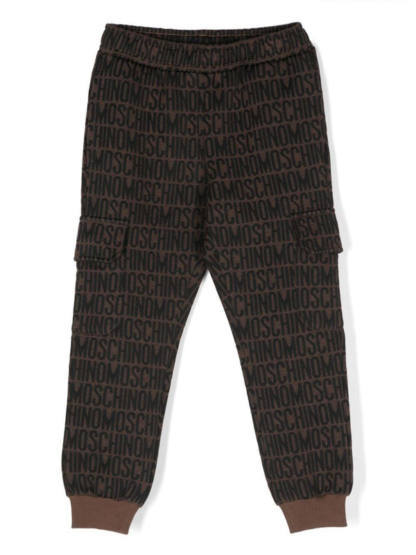 Pantaloni da tuta per bambino Moschino Kids marrone con logo intarsiato – Accessorio premium elegante