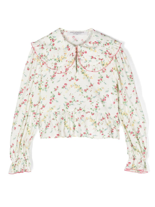 Blusa a fiori per bambina Philosophy Di Lorenzo Serafini Kids bianco con scollo a goccia – Accessorio premium elegante