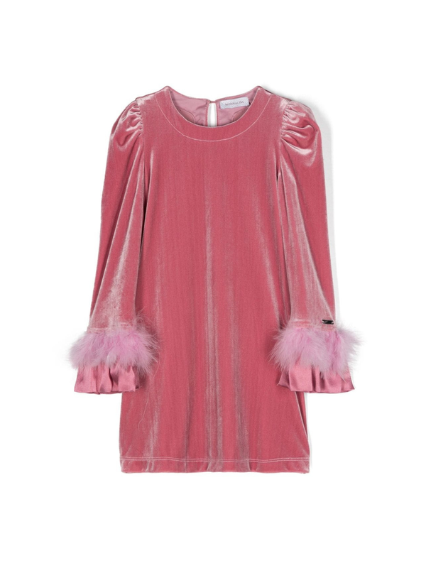 Abito con rifinitura di piume per bambina Monnalisa rosa con scollo rotondo – Accessorio premium elegante