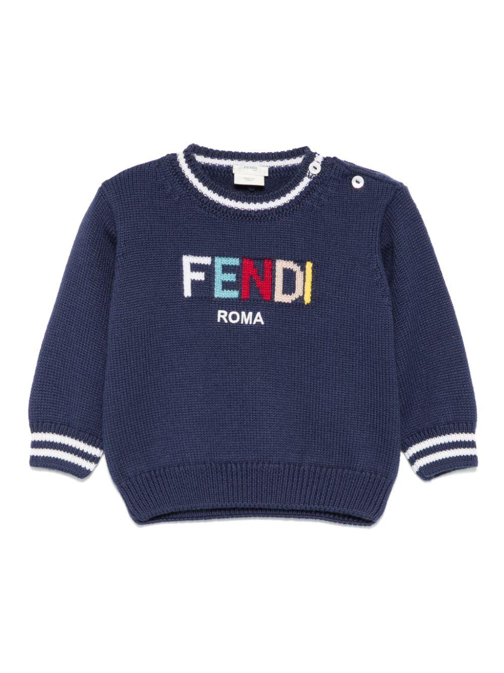 Maglione per neonato Fendi Kids blu con collo e polsini a contrasto – Accessorio premium elegante