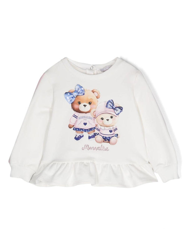 Felpa con stampa Teddy Bear per neonata Monnalisa bianco con girocollo a coste – Accessorio premium elegante