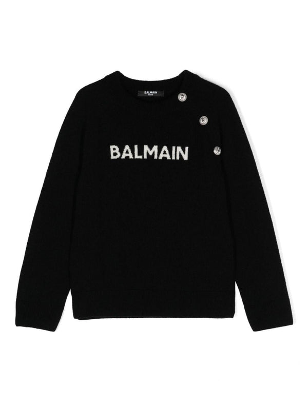 Maglione lavorato a maglia con logo jacquard per bambina Balmain Kids nero con girocollo – Accessorio premium elegante