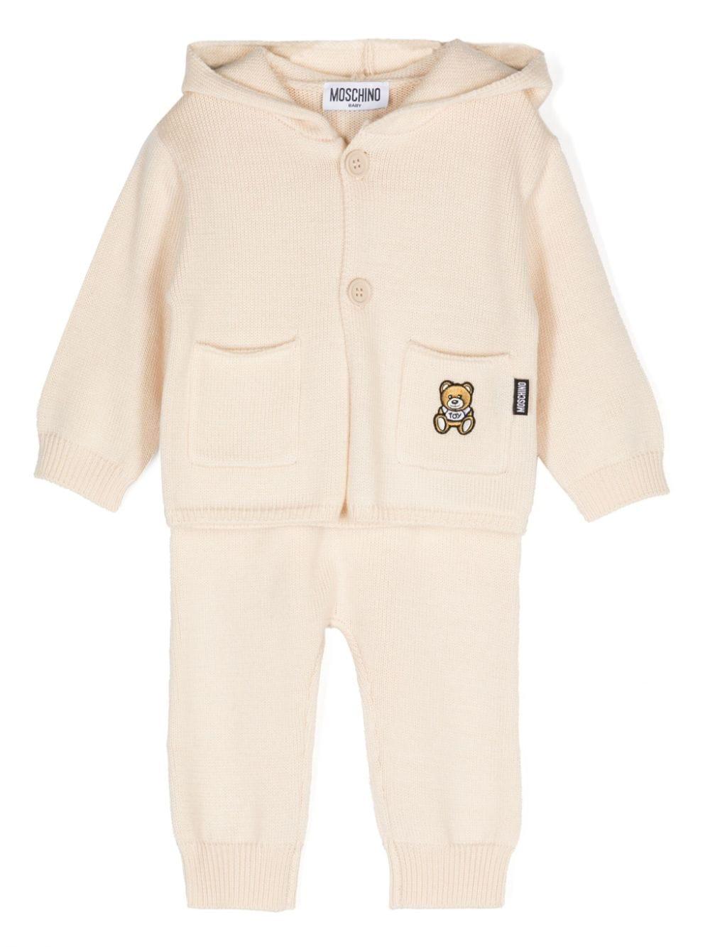 Set cardigan e pantaloni per neonati Moschino Kids beige con design lavorato a maglia – Accessorio premium elegante