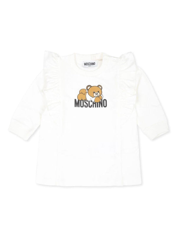 Abito per neonata Moschino Kids bianco con stampa Teddy Bear – Accessorio premium elegante