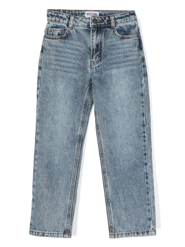 Jeans per bambino Moschino Kids in denim con logo ricamato sulla tasca posteriore – Accessorio premium elegante