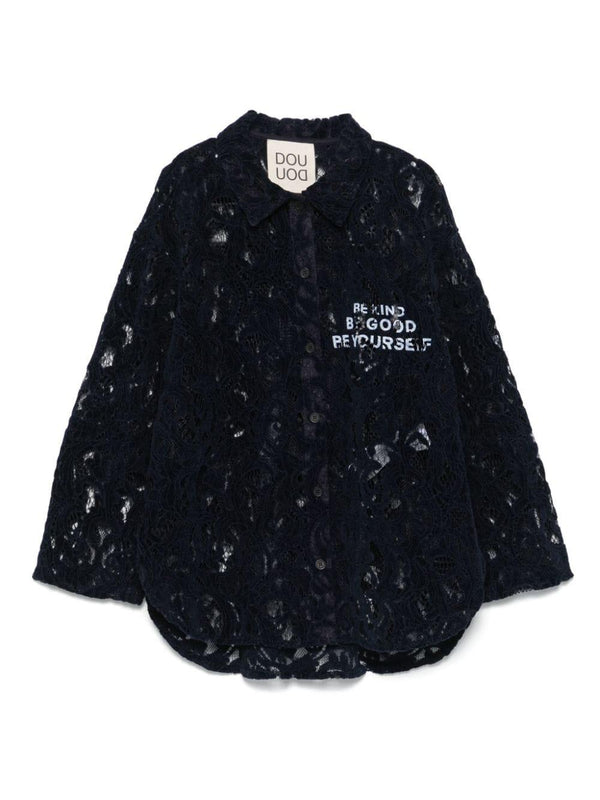 Camicia per bambina Douuod Kids blu in pizzo con stampa slogan – Accessorio premium elegante