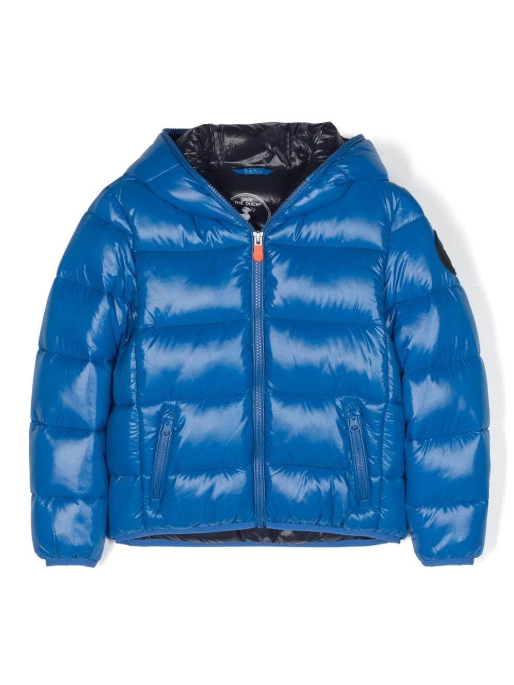 Piumino con cappuccio Artie per bambino Save The Duck Kids blu con rifinitura con nastro in gros grain – Accessorio premium elegante