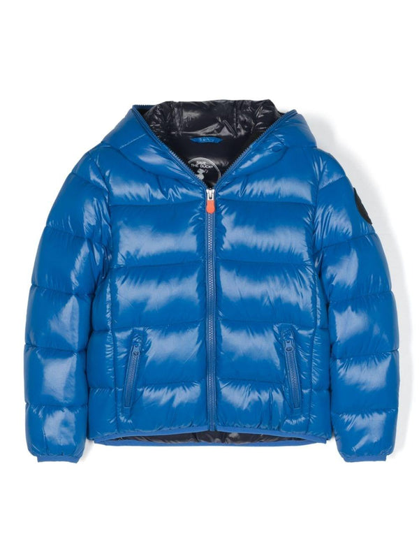 Piumino con cappuccio Artie per bambino Save The Duck Kids blu con rifinitura con nastro in gros grain – Accessorio premium elegante