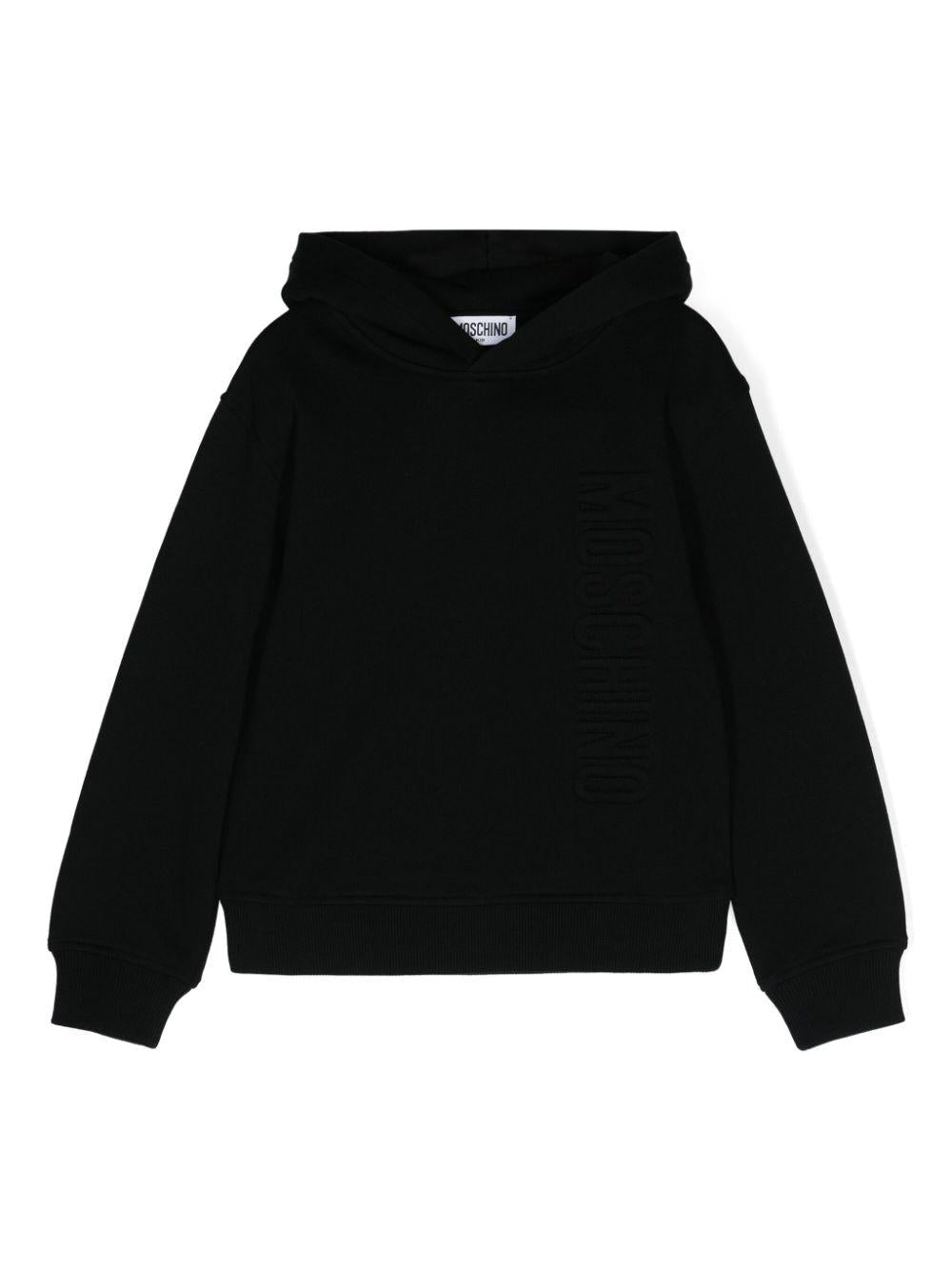 Felpa per bambino Moschino Kids nero con cappuccio e logo goffrato sul davanti – Accessorio premium elegante