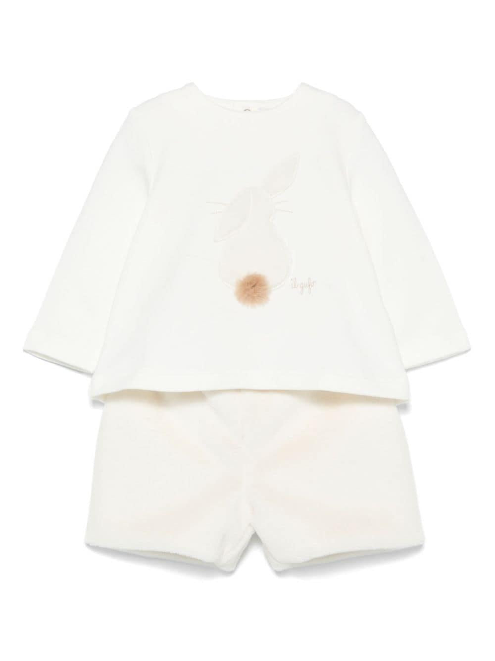 Maglietta e shorts per neonata Il Gufo bianco con stampa e motivo coniglio sul davanti – Accessorio premium elegante