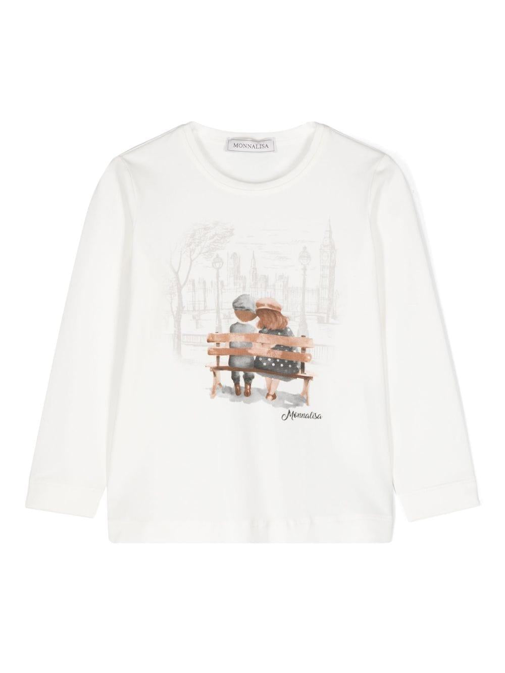 T-shirt con stampa grafica per bambina Monnalisa bianca con girocollo – Accessorio premium elegante