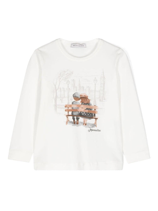 T-shirt con stampa grafica per bambina Monnalisa bianca con girocollo – Accessorio premium elegante