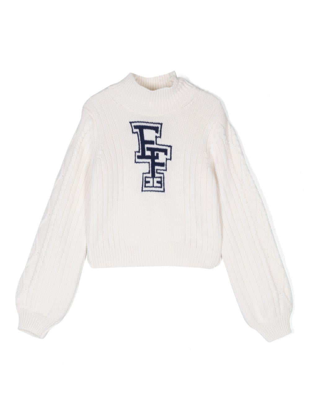Maglione con logo a intarsi per bambina Elisabetta Franchi La Mia Bambina bianco con collo alto – Accessorio premium elegante