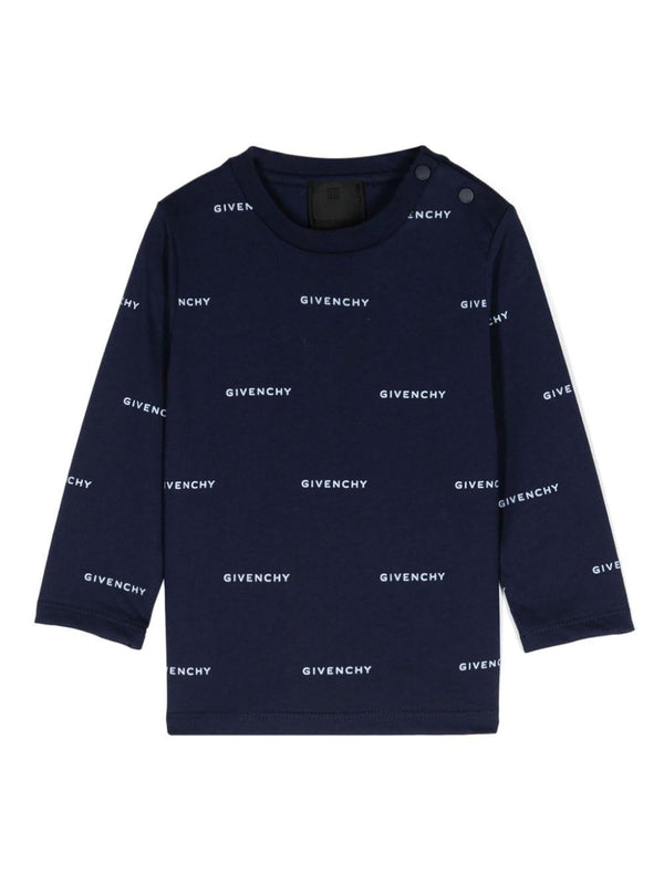 T shirt per neonati blu con logo Givenchy bianco stampato in all-over con font dritto – Accessorio premium elegante