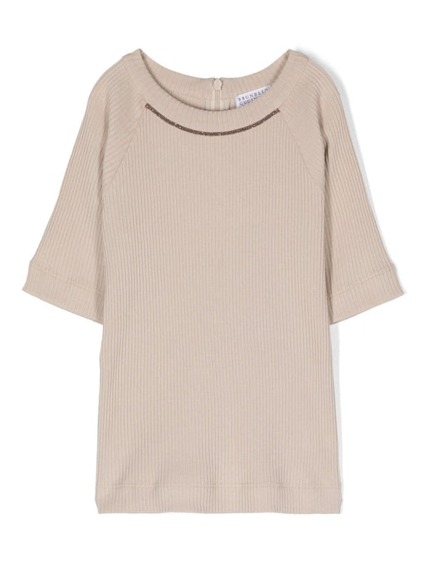 T-shirt con dettaglio Monili per bambina Brunello Cucinelli Kids beige con girocollo a costine – Accessorio premium elegante