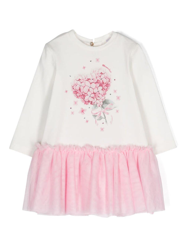 Abito corto con rifinitura in tulle per neonata Monnalisa bianco con scollo rotondo – Accessorio premium elegante