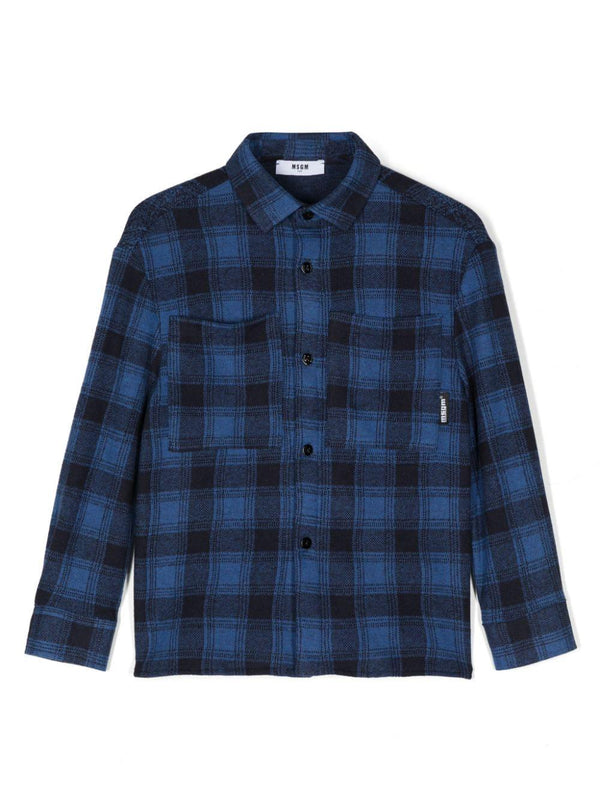 Camicia con motivo tartan per bambino MSGM Kids blu con colletto alla francese – Accessorio premium elegante