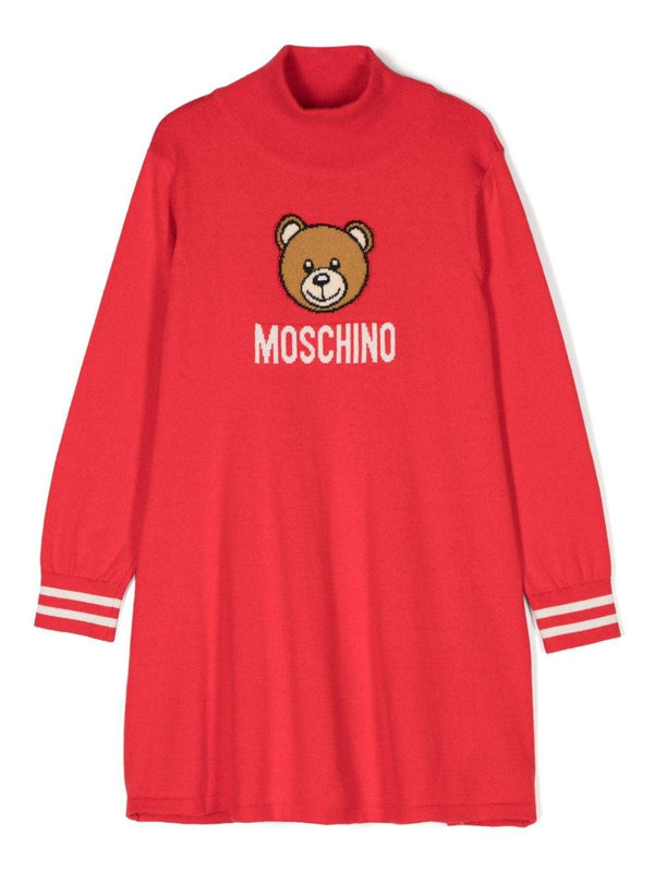 Abito per bambina Moschino Kids rosso lavorato a maglia con motivo Teddy Bear – Accessorio premium elegante