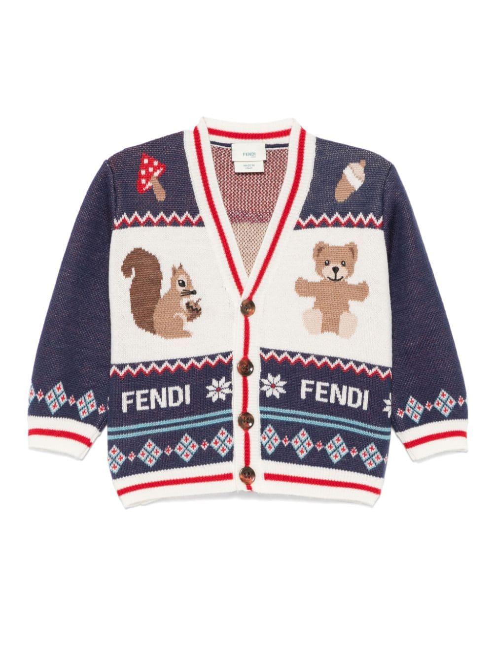 Cardigan per neonato Fendi Kids blu con stampa orsetto e scoiattolo – Accessorio premium elegante