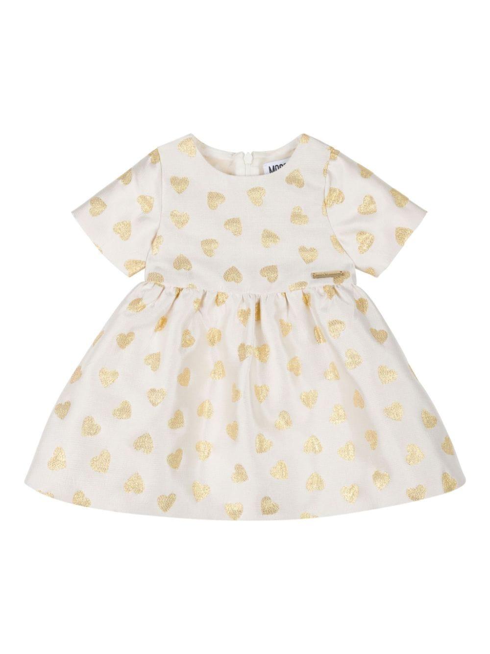 Abito per neonata Moschino Kids bianco con stampa a cuori oro – Accessorio premium elegante