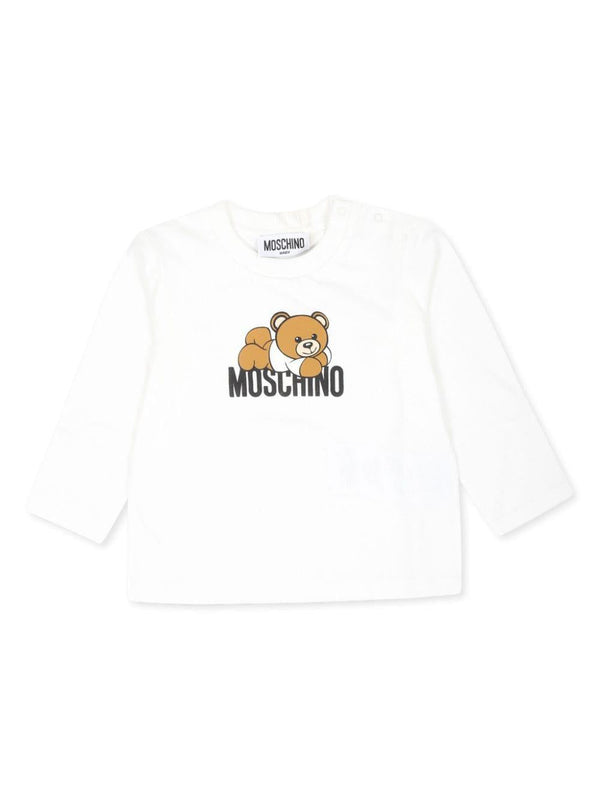 T-shirt per neonati Moschino Kids bianco a maniche lunghe con stampa logo – Accessorio premium elegante