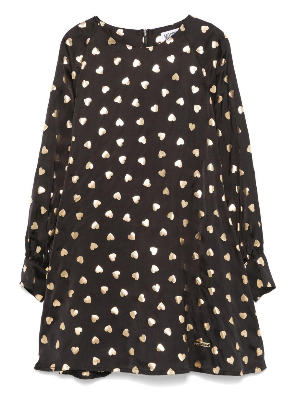 Abito con stampa per bambina Moschino Kids nero con stampa cuori all-over – Accessorio premium elegante