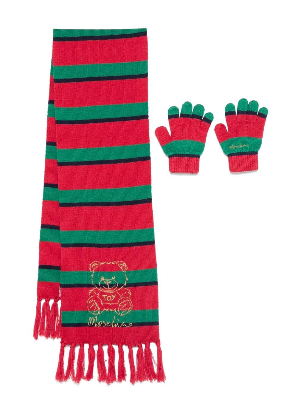 Sciarpa e guanti per bambino Moschino Kids rosso e verde con orsetto stampato – Accessorio premium elegante