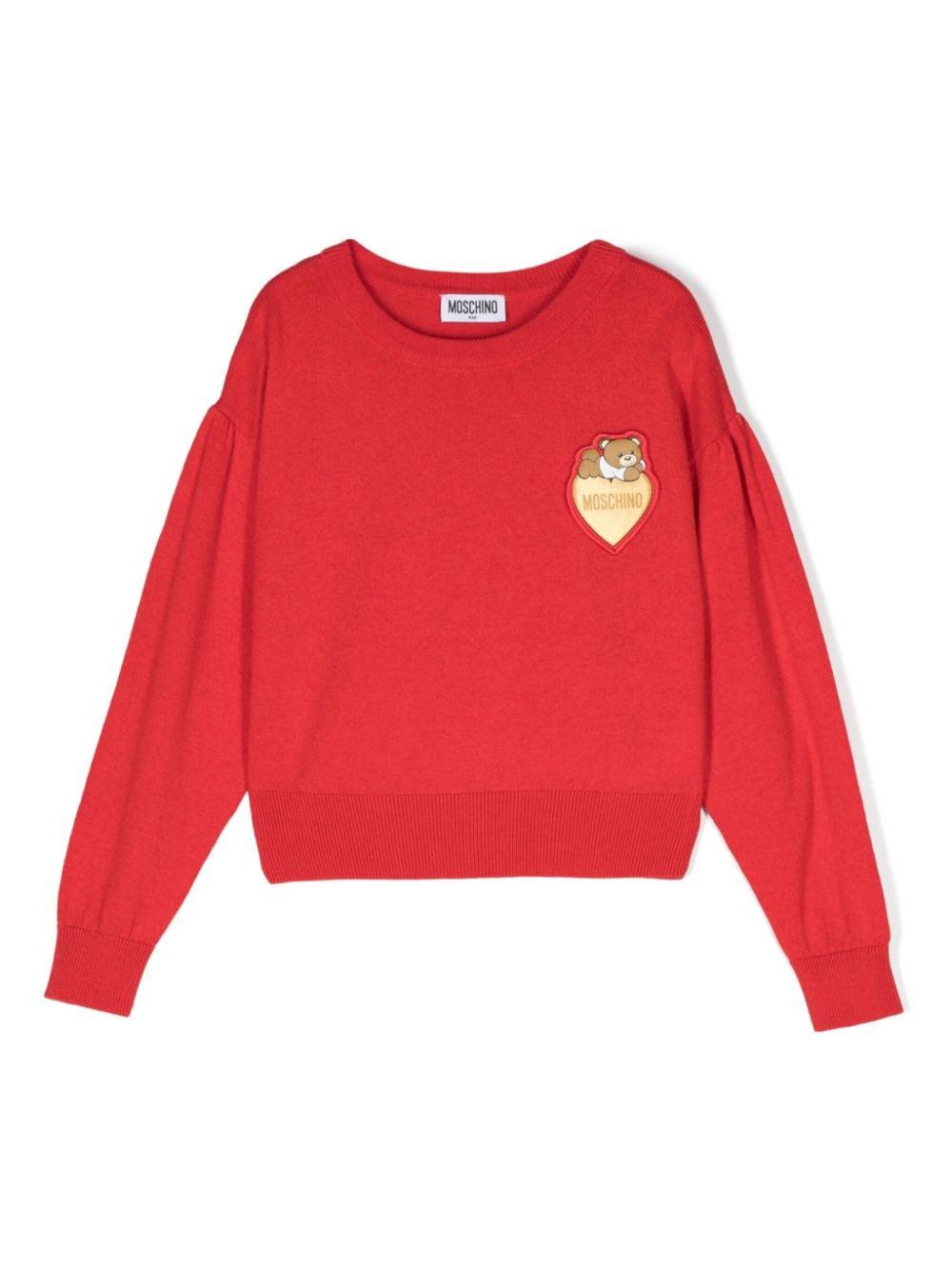 Maglione per bambina Moschino Kids rosso con applicazione Teddy Bear – Accessorio premium elegante