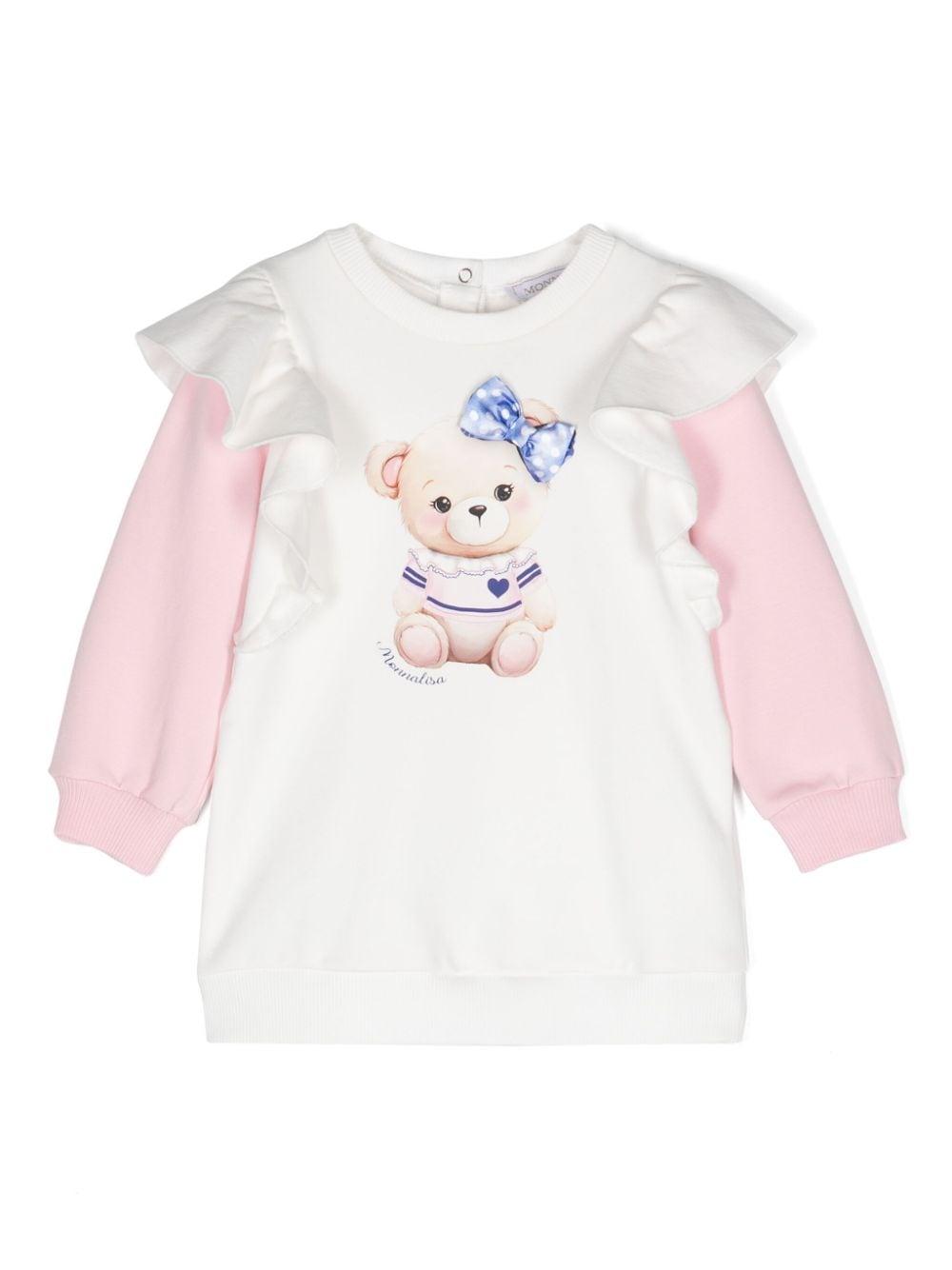 Felpa per neonata Monnalisa Teddy Bear bianco e rosa con ruches – Accessorio premium elegante