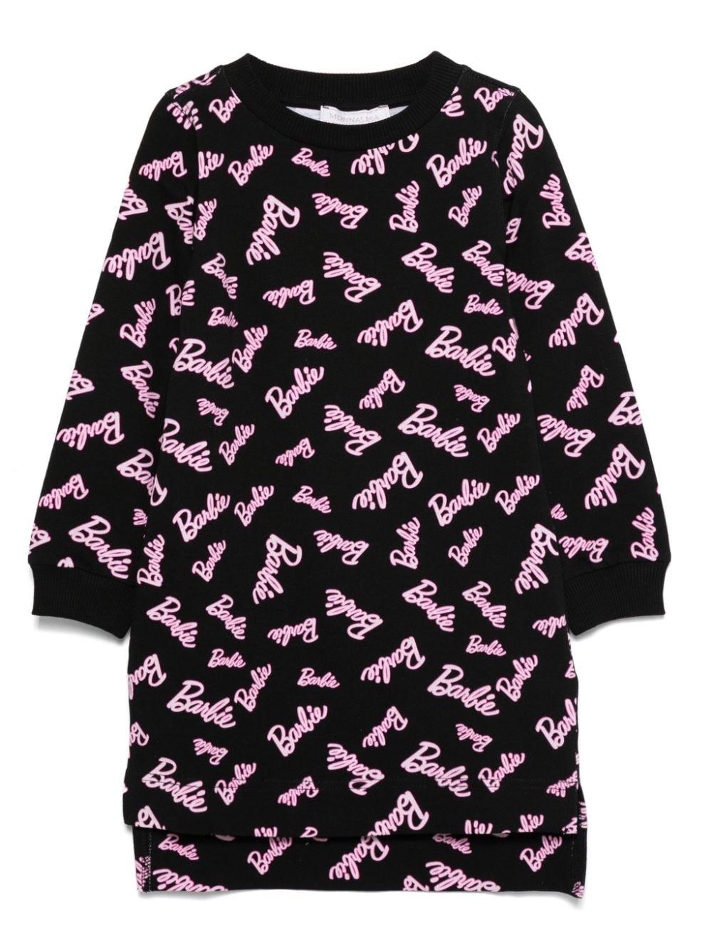Abito con stampa logo Barbie per bambina Monnalisa nero con orlo asimmetricoa – Accessorio premium elegante