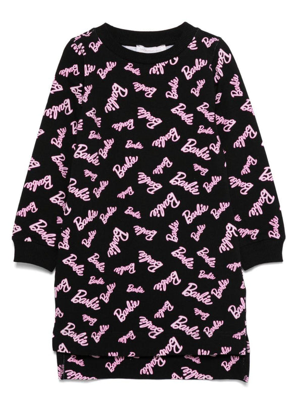 Abito con stampa logo Barbie per bambina Monnalisa nero con orlo asimmetricoa – Accessorio premium elegante
