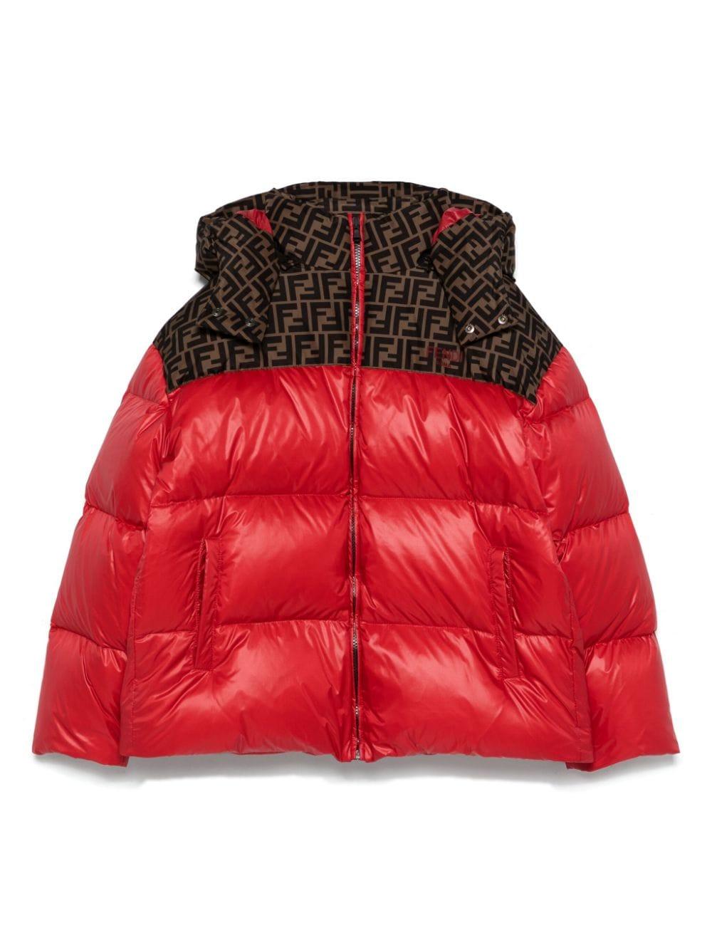Giubbotto per bimba Fendi Kids rosso con cappuccio con logo monogramma FF – Accessorio premium elegante