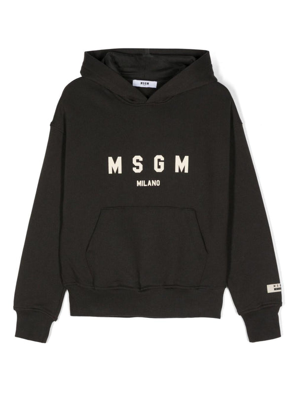 Felpa per bambino MSGM Kids nero con cappuccio e applicazione logo sulla manica – Accessorio premium elegante