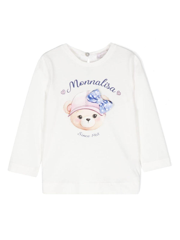 T-shirt con stampa Teddy Bear per neonato Monnalisa bianco con jersey leggero – Accessorio premium elegante