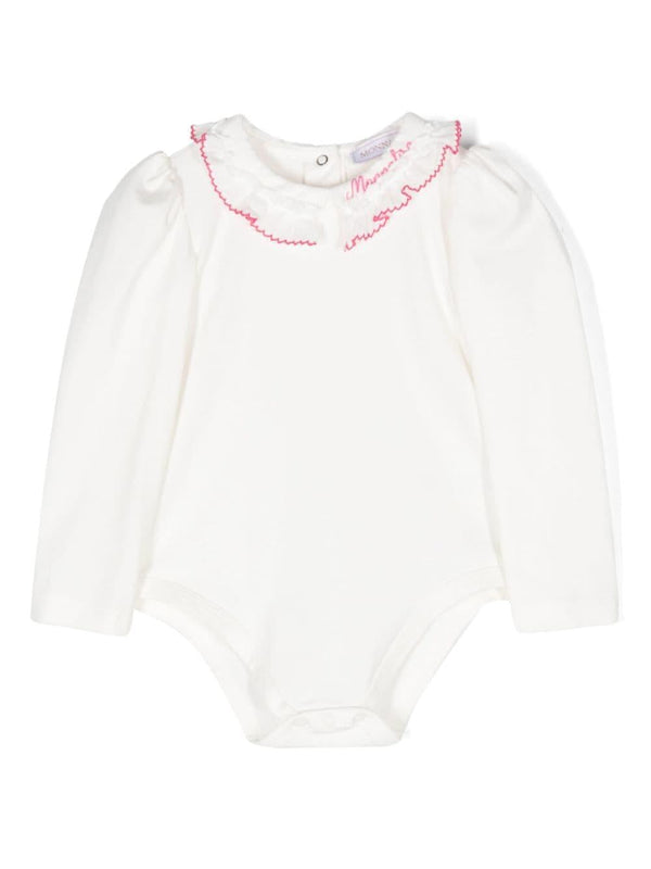 Body con ricamo per neonata Monnalisa bianco con collo con logo – Accessorio premium elegante