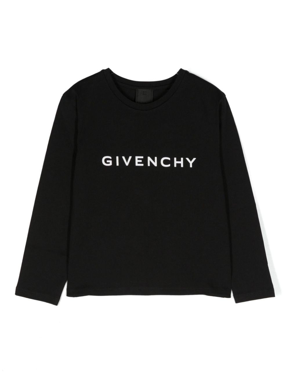 T shirt per bambina nera a maniche lunghe con logo Givenchy centrale bianco e stemma 4G posteriore – Accessorio premium elegante